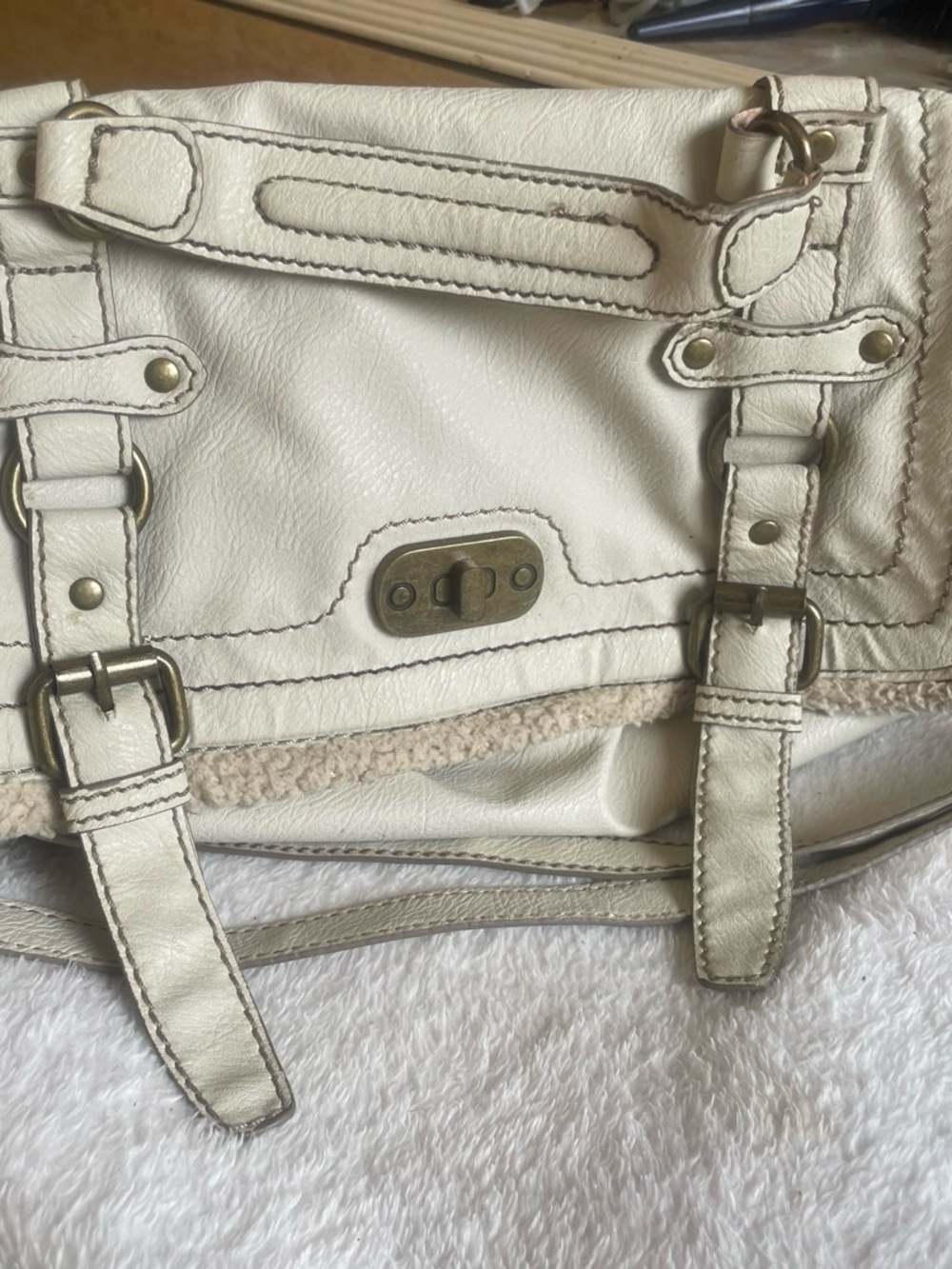 Cream Women's Satchel Handbag with Antique Brass Hardware